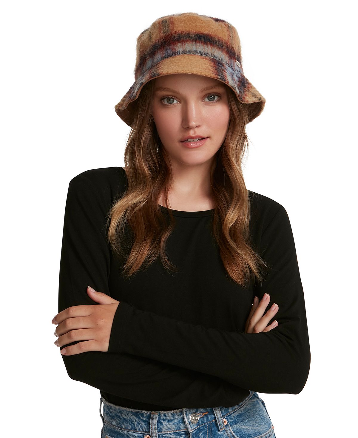 Steve Madden Logo Plate Brushed Bucket Hat, Brown,28-1/2″