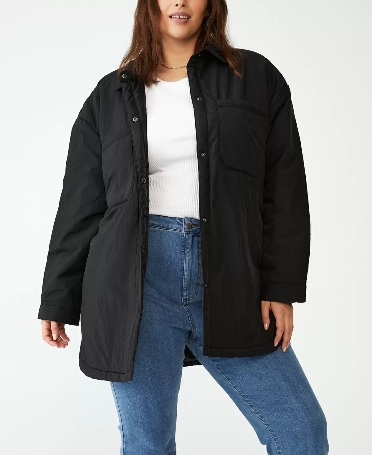 Cotton On Trendy Plus Size Puffer Shacket Jacket, Black, 20W/22W