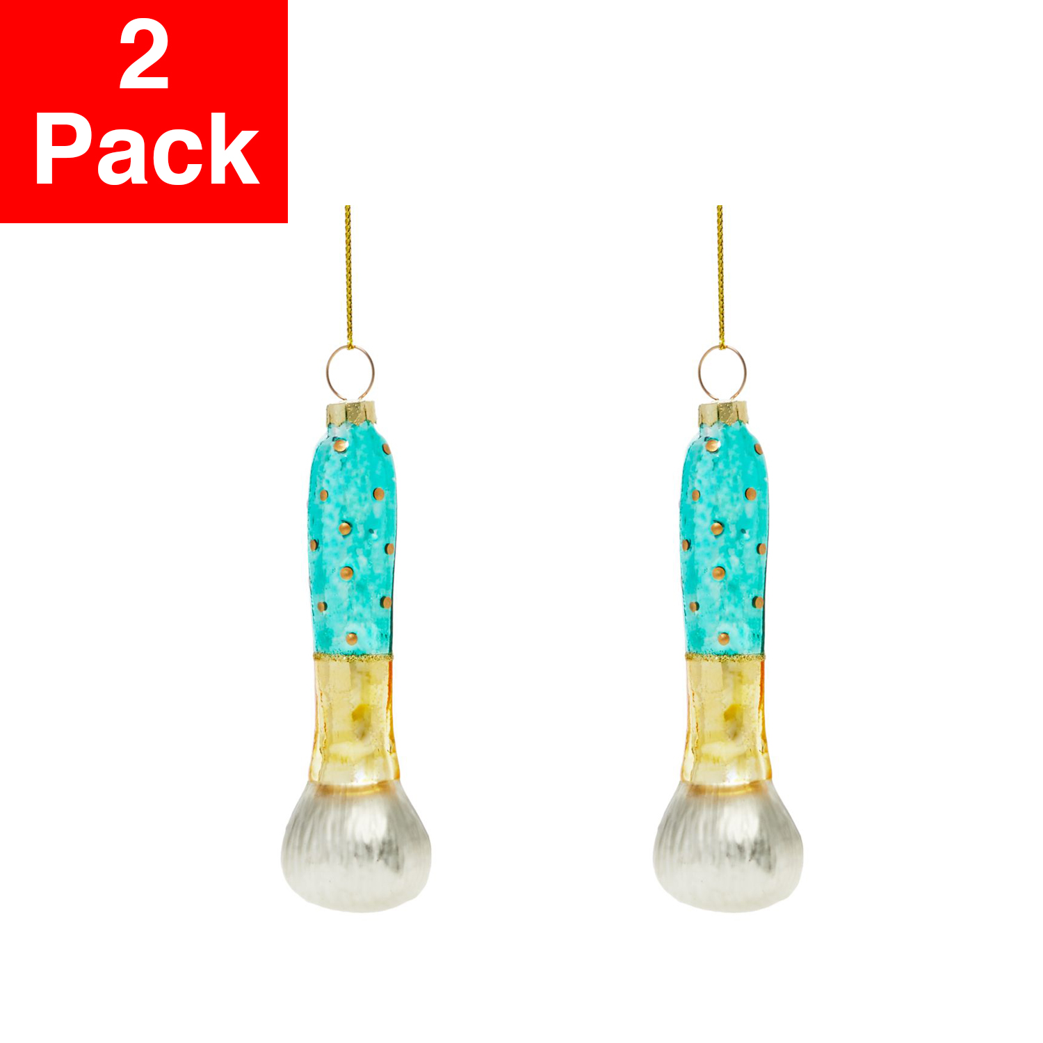 Christmas Joy Glass Makeup Brush Ornaments, Gold/Blue – Set of 2