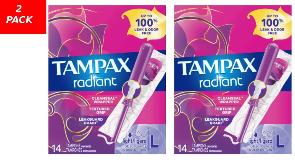Tampax Radiant Tampons Plastic Applicator 2 Box of 14 – Light, Unscented