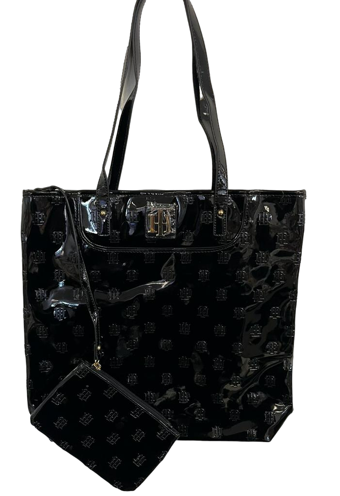 Tommy Hilfiger Large Glossy Black TH Logo Tote Set With Wallet