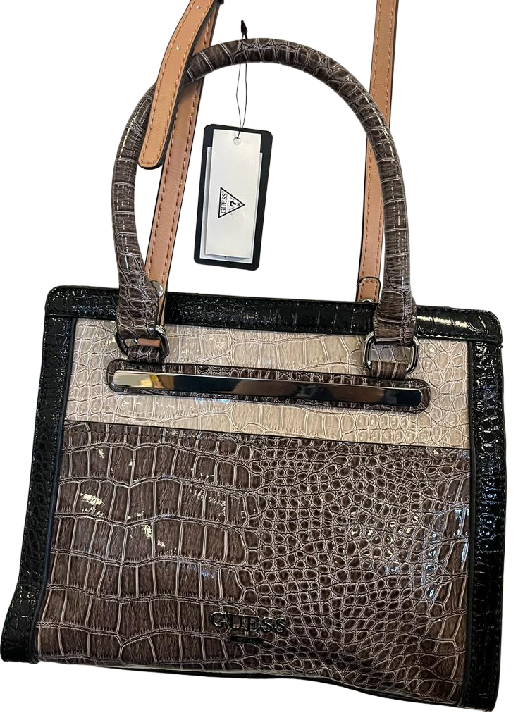 GUESS Fox Trot Leather Croc Embellished Handbag With Straps, Taupe