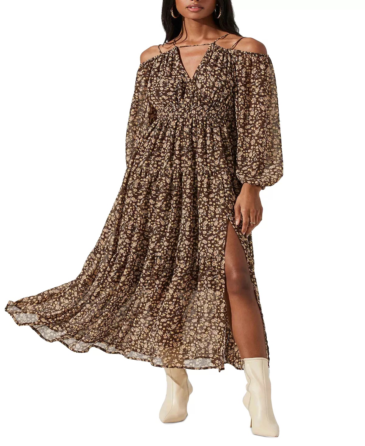 Astr The Label Women’s Ciri Printed Split-Neck Dress, Brown Yellow Ditsy, Small