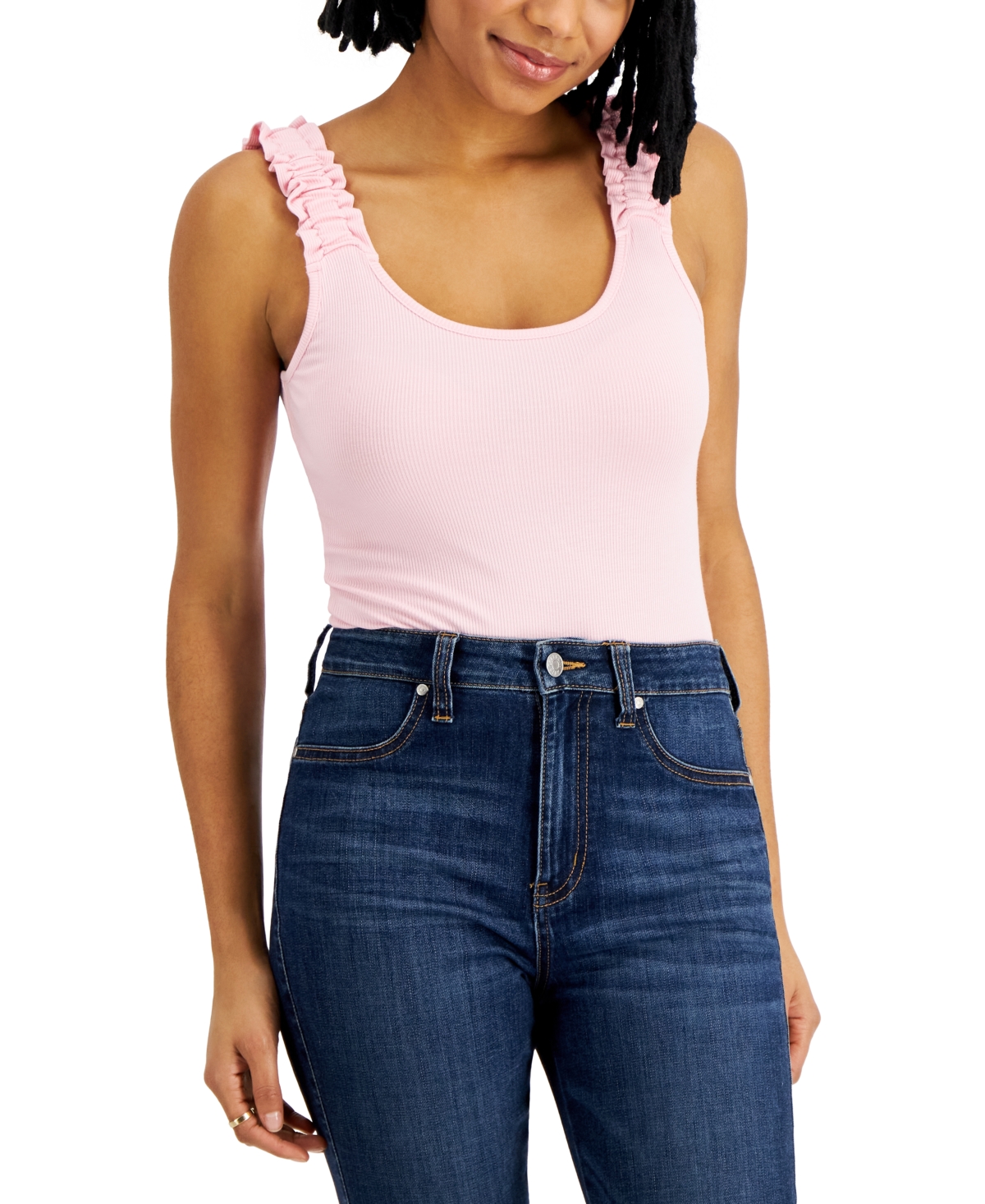 Self Esteem Juniors’ Ribbed Ruffled-Strap Bodysuit, Rose Shadow, Medium