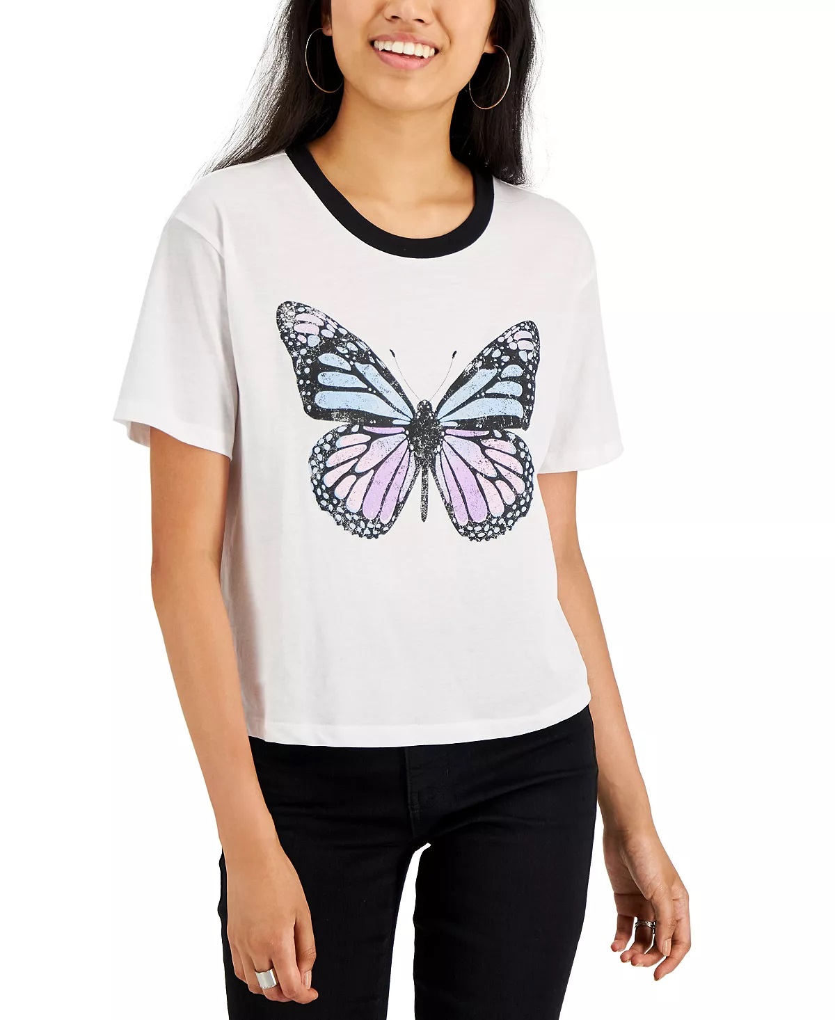 Rebellious One Juniors’ Butterfly-Graphic Ringer T-Shirt, White, XL