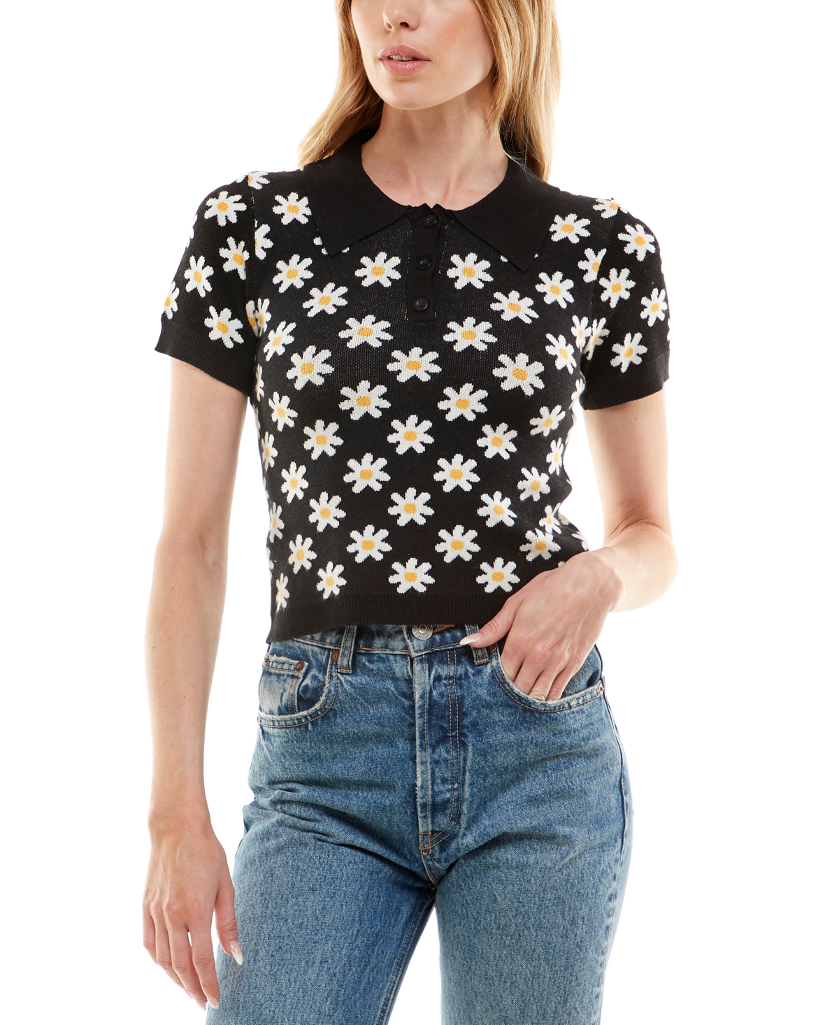 Derek Heart Juniors Groovy Printed Short Sleeve Sweater Polo, Black/White, Small