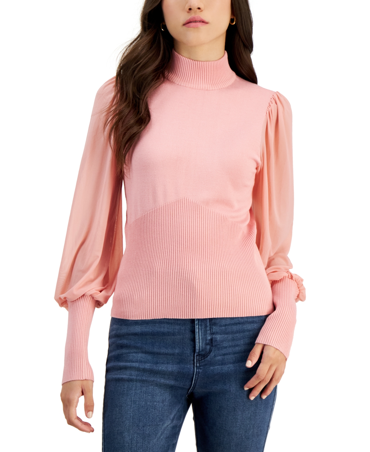 Crave Fame Juniors’ Mock Neck Mixed-Media Sweater, Pink, Medium