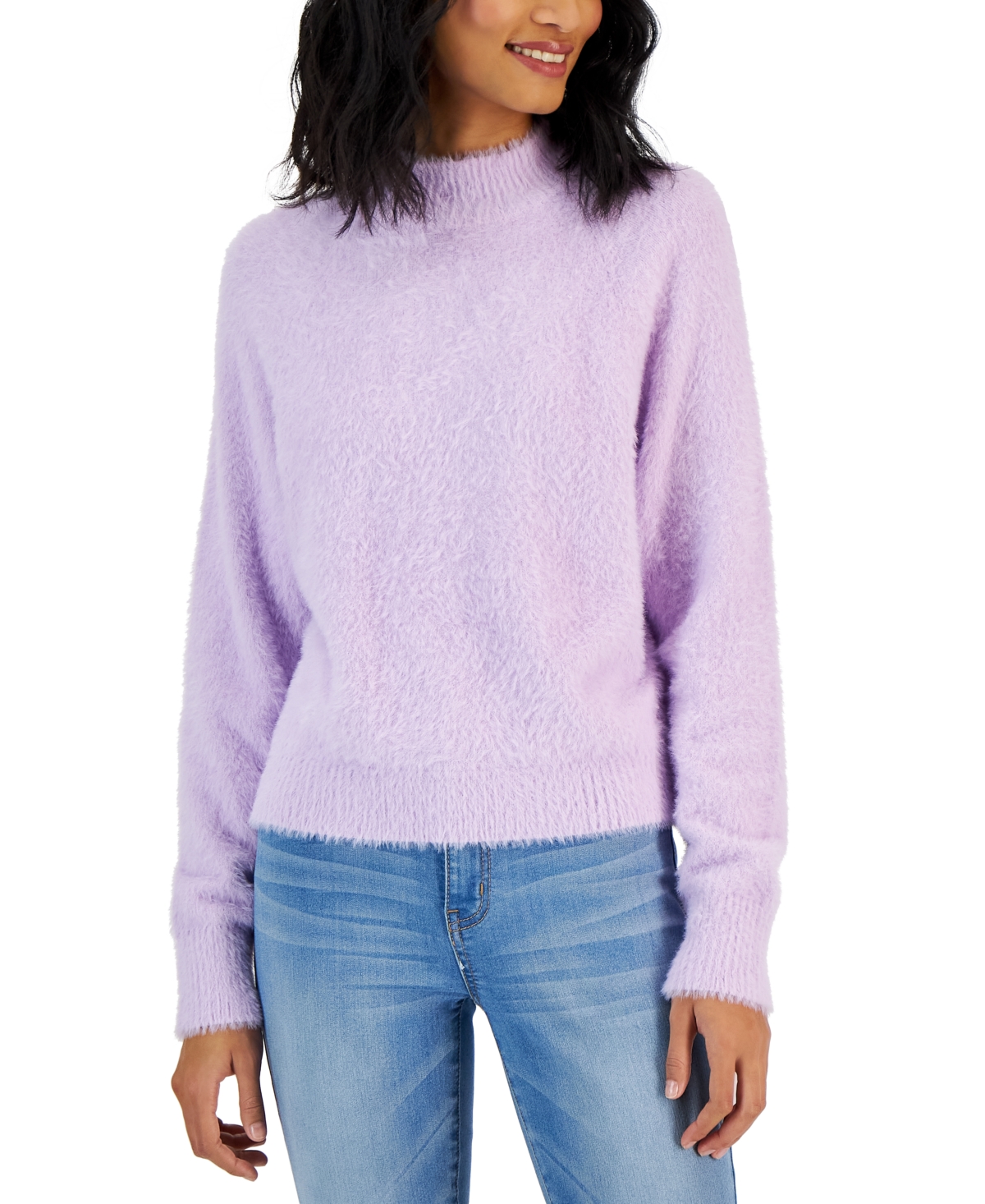 Hooked Up by Iot Juniors’ Eyelash Mock-Neck Raglan-Sleeve Sweater, Pale Lilac...