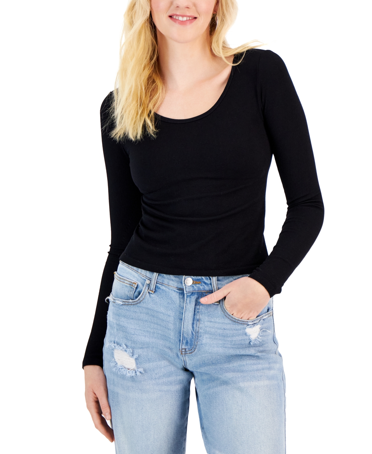 Hippie Rose Juniors’ Seamless Long-Sleeve Scoop-Neck Top, Black, XL