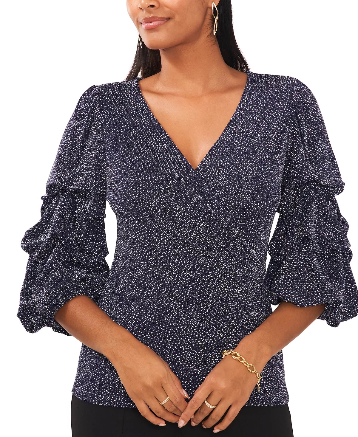 Msk Women’s Glitter-Knit Tiered-Sleeve Surplice Top, Navy Silver, Medium