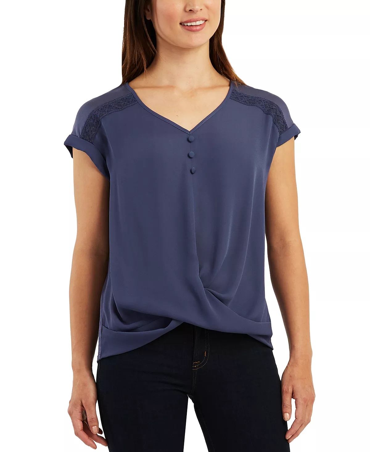 Bcx Juniors’ Twist Front Lace Panel Short Sleeve Top, Denim, Small