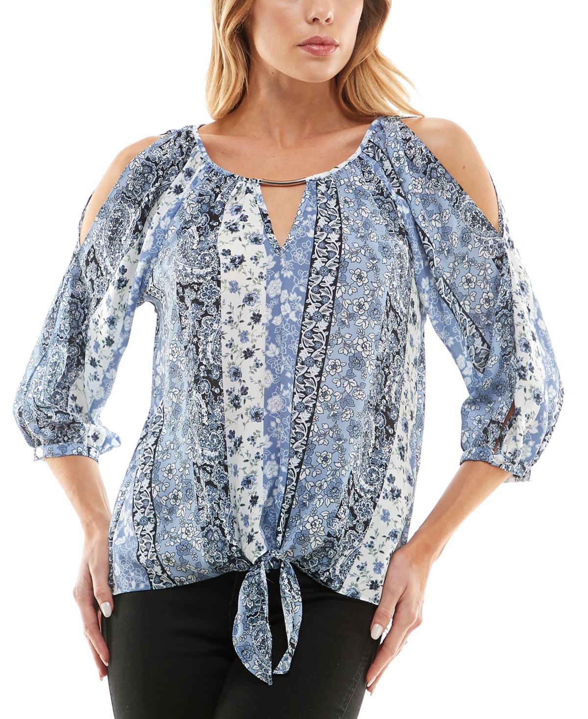 Bcx Juniors’ Printed Cold-Shoulder 3/4-Sleeve Top, Blue, Medium