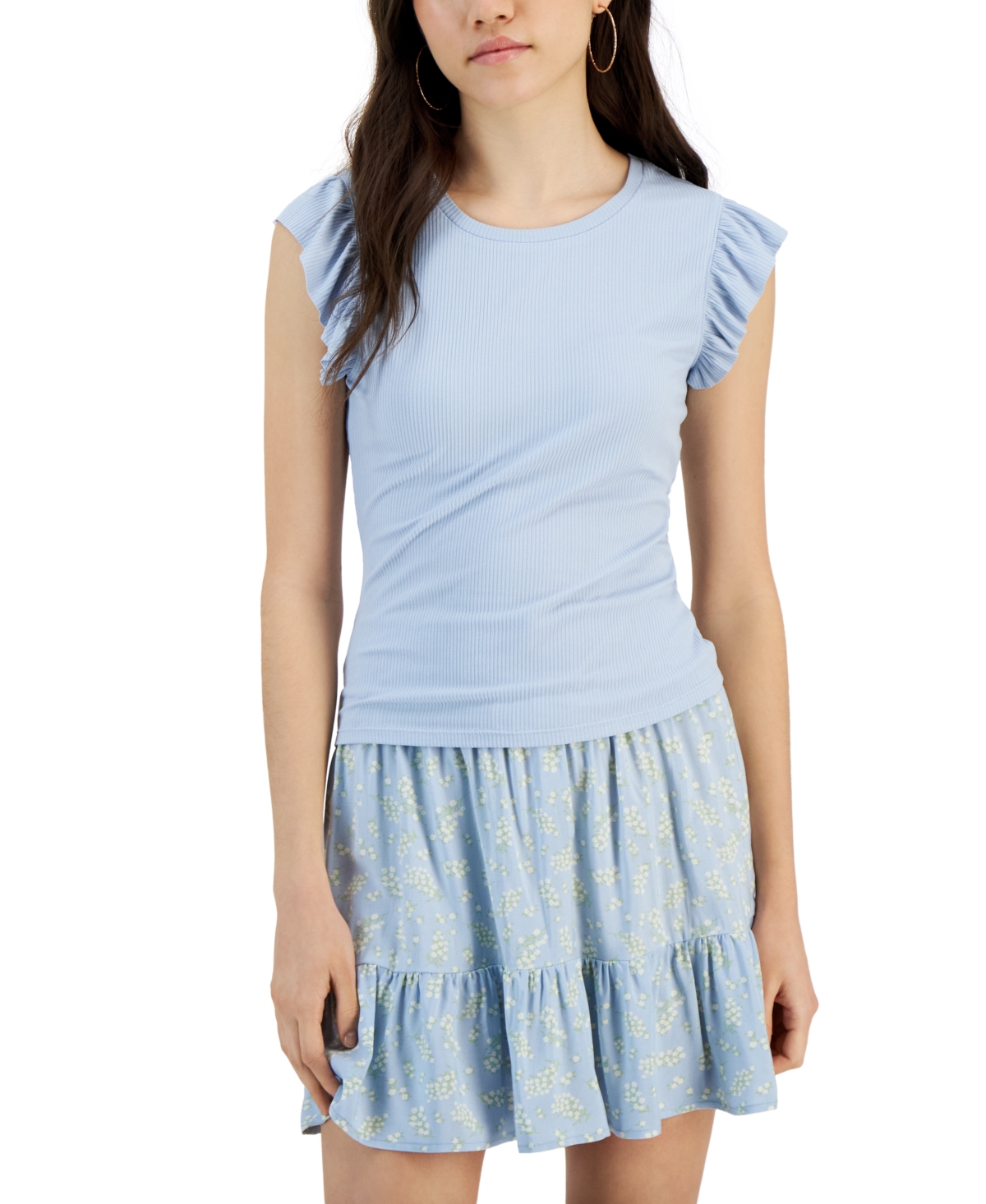 Planet Gold Juniors’ Ribbed Flutter-Sleeve Top, Blue, Medium