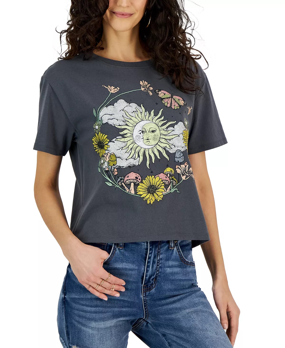 Love Tribe Juniors’ Celestial Circle Graphic Crewneck T-Shirt, Dark Gray, XL