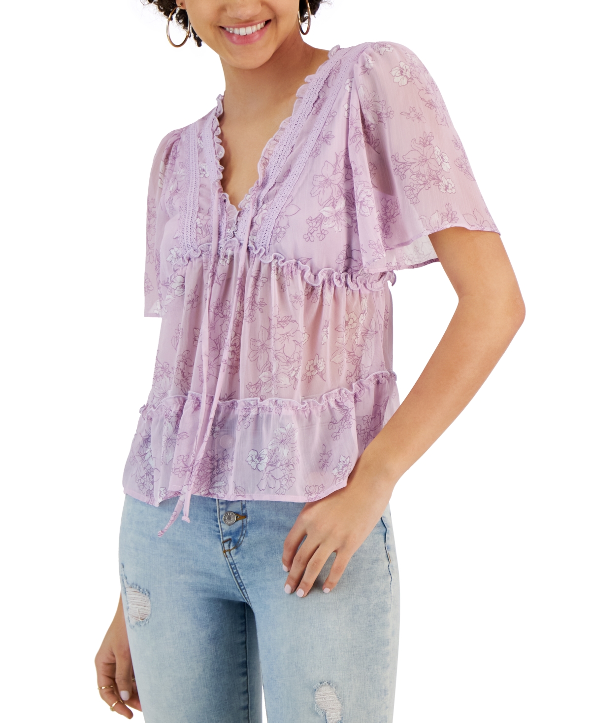 Pink Rose Juniors’ Floral-Print Flutter-Sleeve V-Neck Top, Lilac, Small