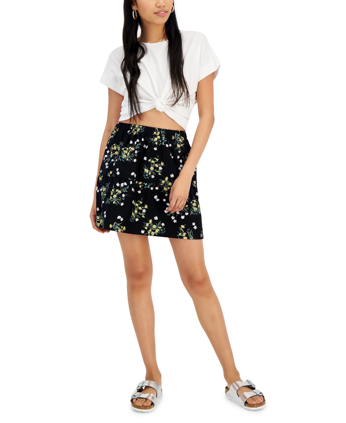 Hippie Rose Juniors’ Elasticized-Waist Poplin Tiered Mini Skirt, Black, Medium