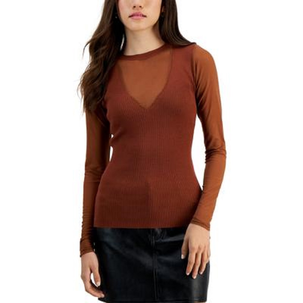 Crave Fame Juniors’ Mixed-Media Long-Sleeve Ribbed Sweater, Umber, Small