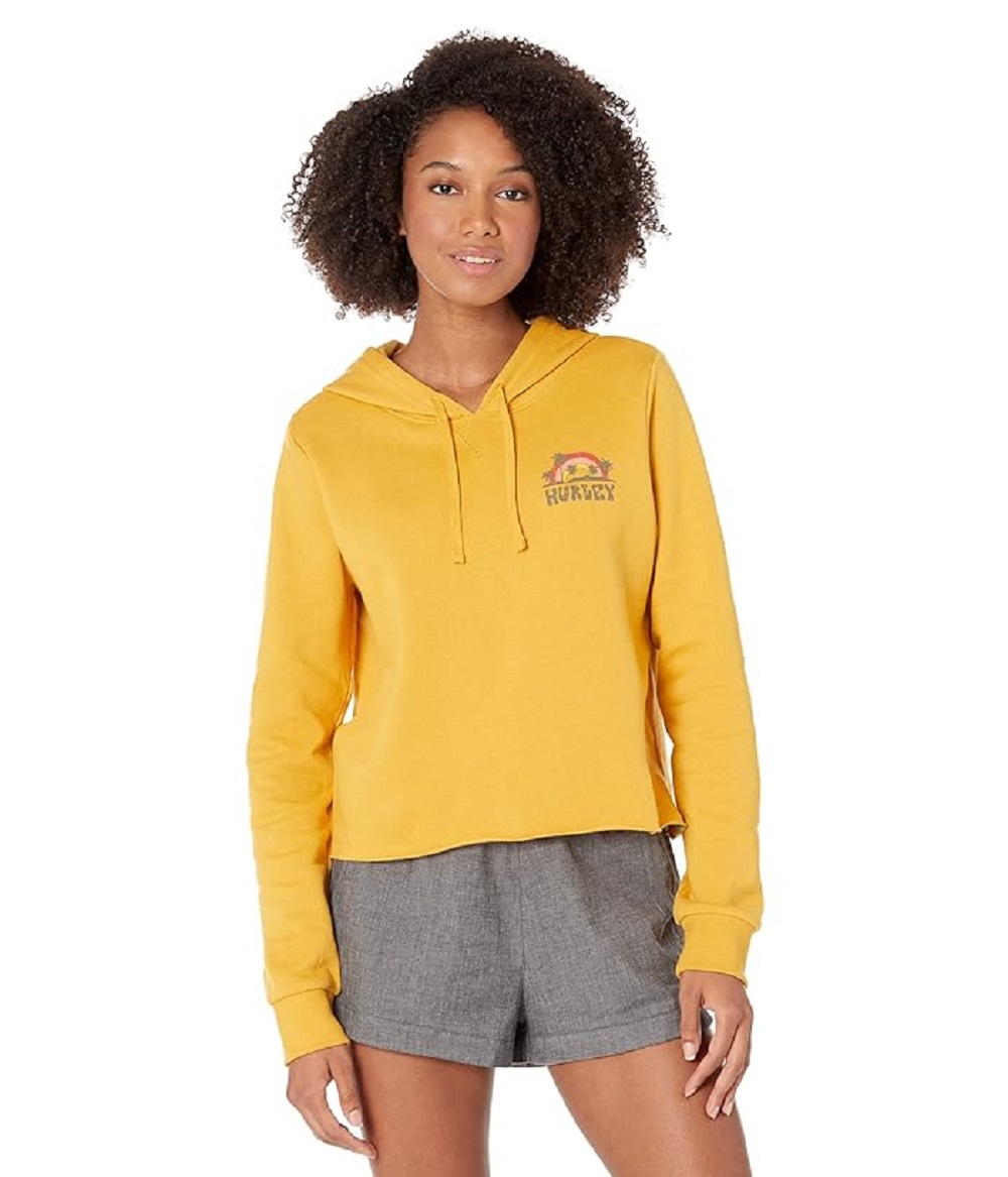 Hurley Juniors’ Shroom Cut Off Graphic Hoodie, Honey Gold, Medium