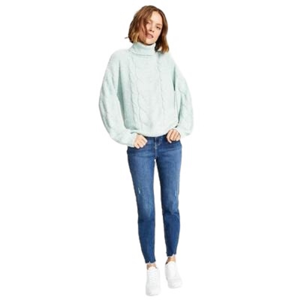 Hippie Rose Juniors’ Cable-Knit Turtleneck Sweater, Mint Freeze, Large