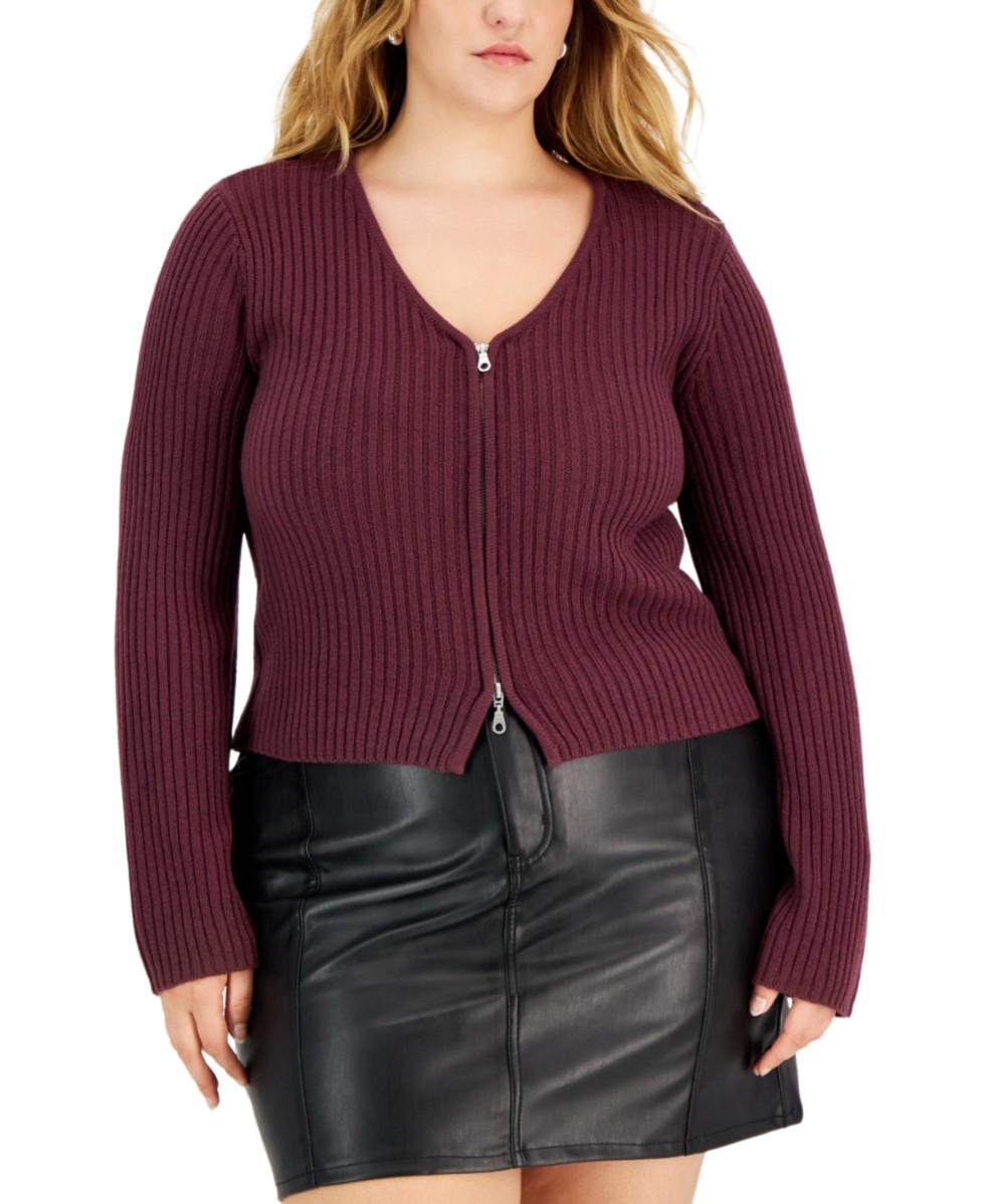 Full Circle Trends Trendy Plus Size V-Neck Zip-Up Sweater, Wine, 1X
