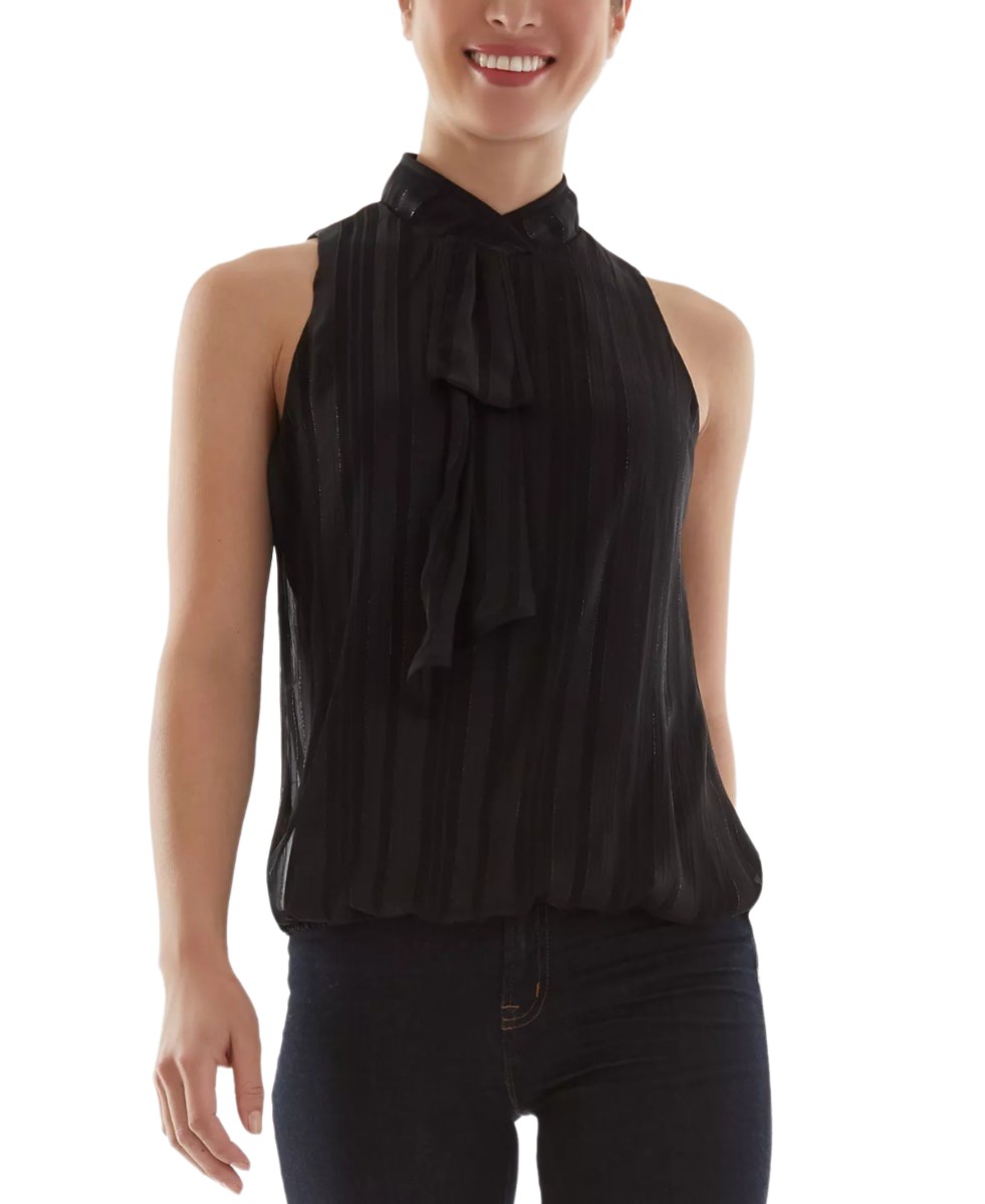 Bcx Juniors’ Shadow-Striped Tie-Neck Metallic-Threaded Top, Black, XL