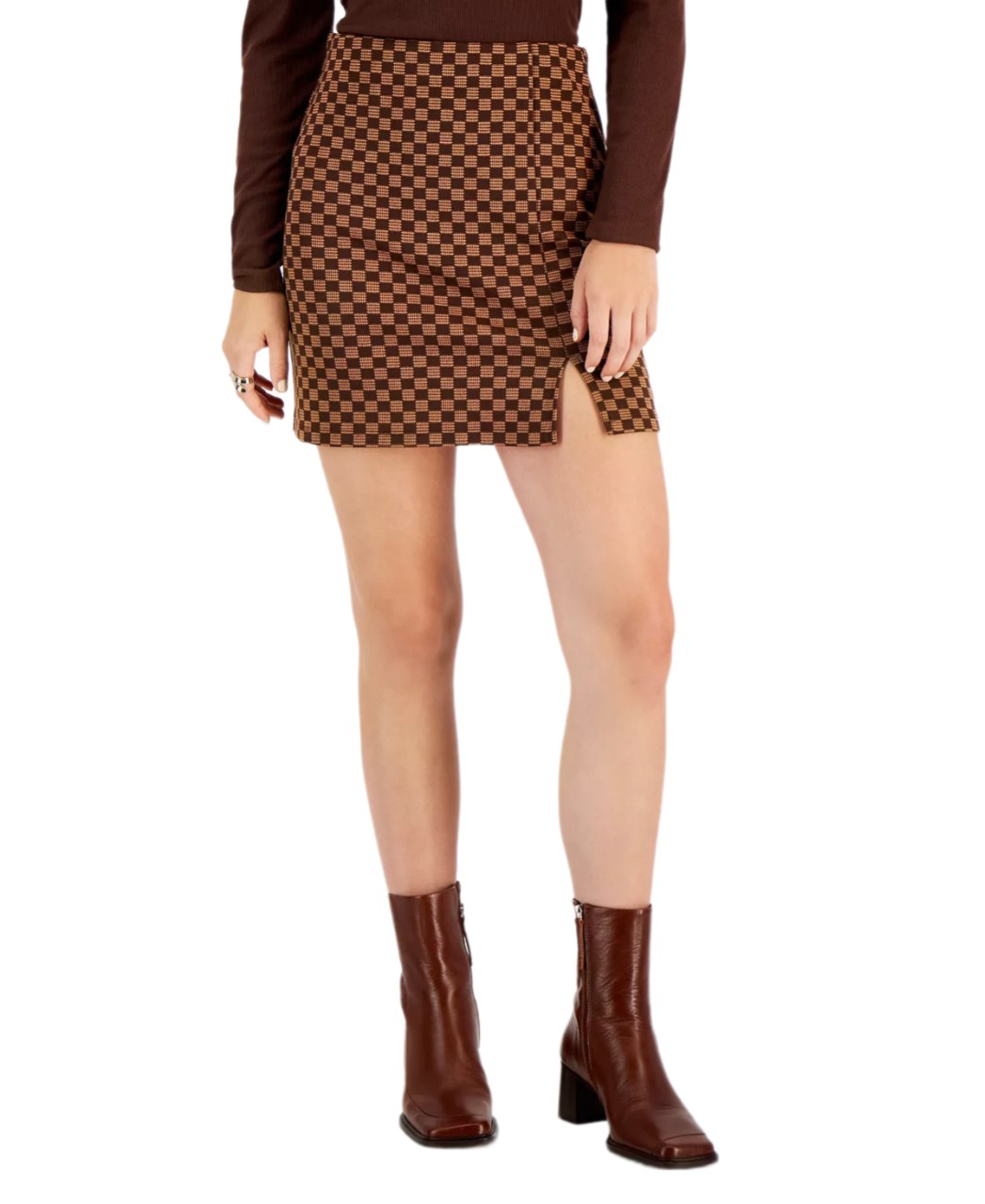 Hippie Rose Juniors’ Jacquard Side-Slit Mini Skirt, Dark Brown, Small