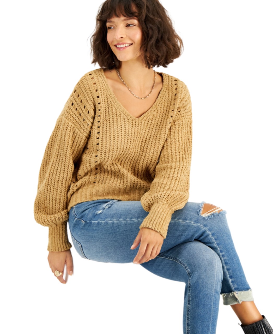 Crave Fame Juniors’ Chenille Pointelle Sweater, Gold, Small