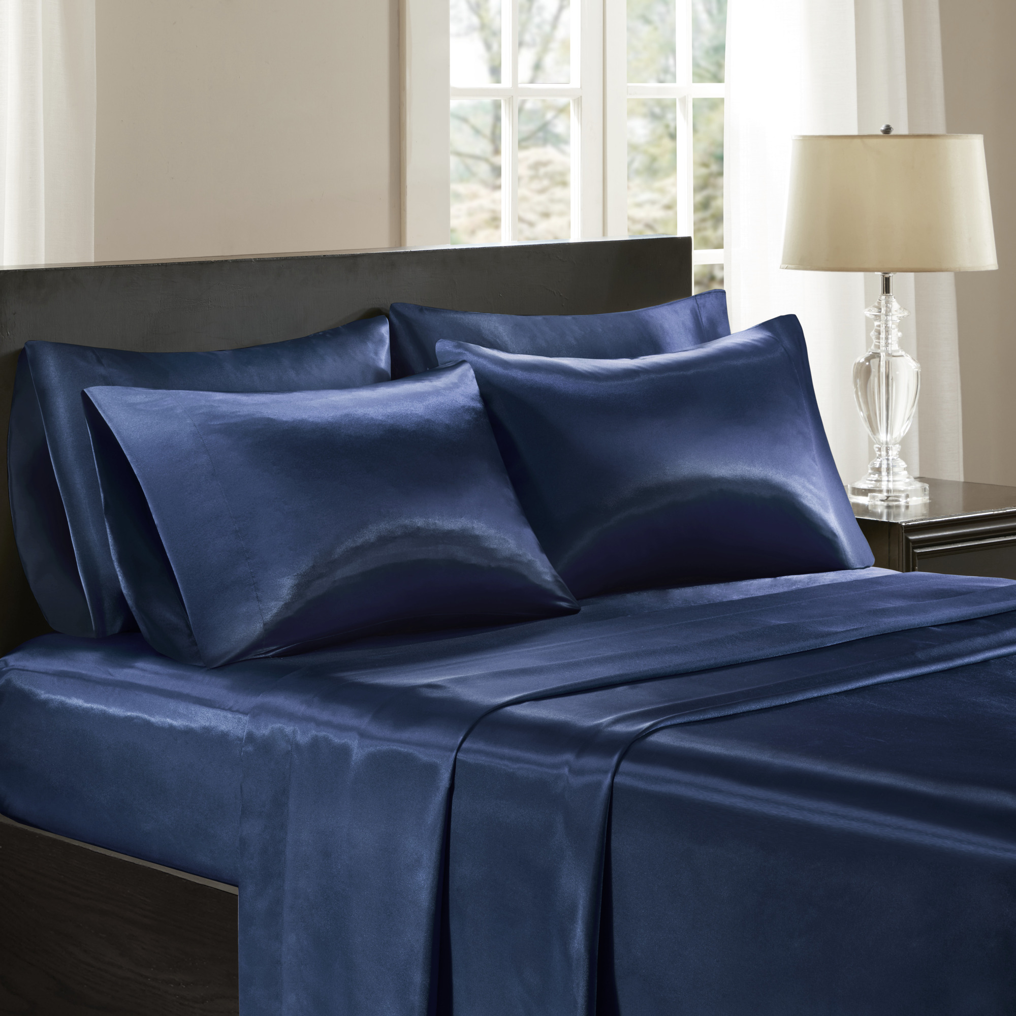 Madison Park Essentials Satin 6-Pc. Sheet Set, Queen Bedding, Navy, Queen