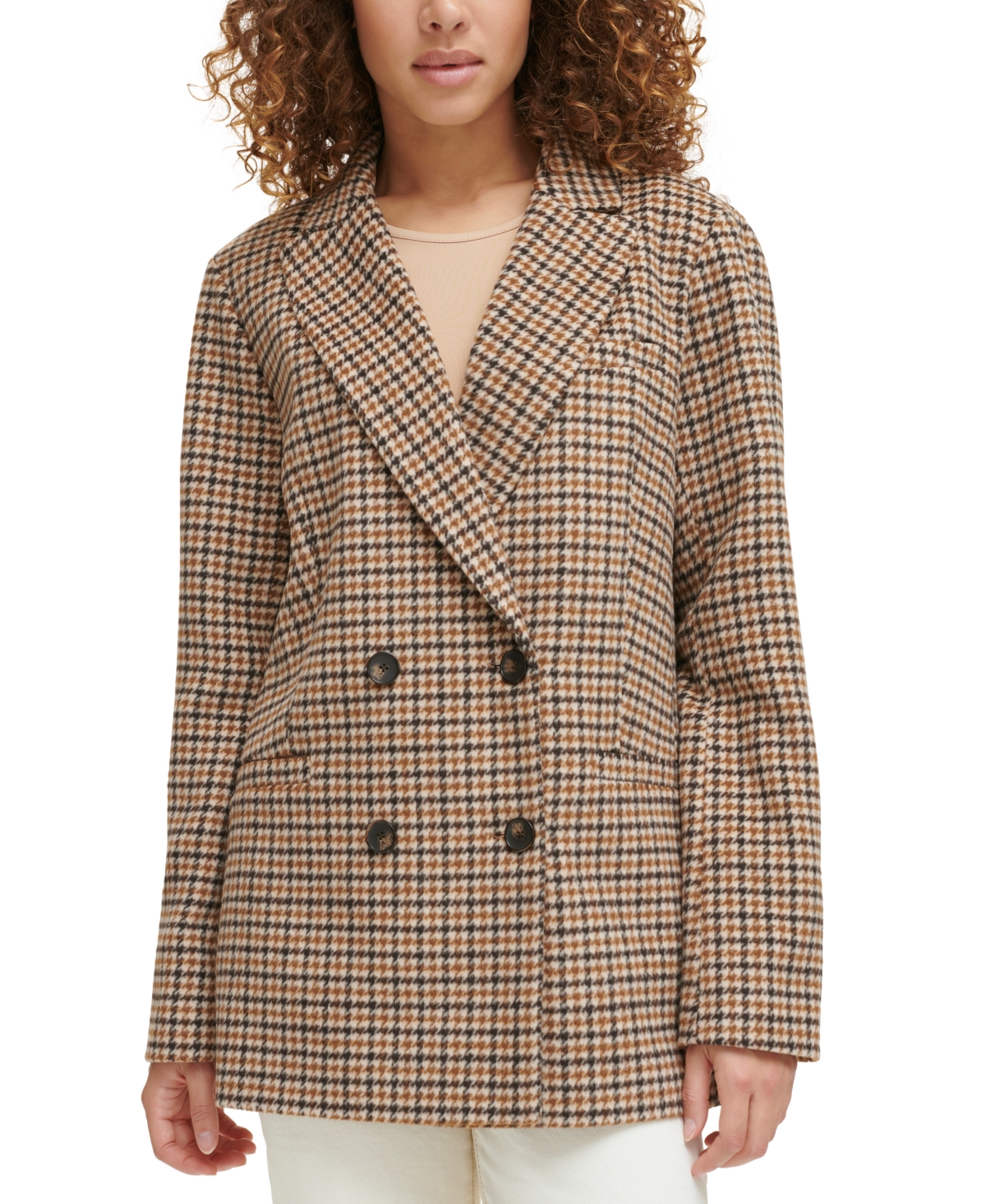 Levi’s Women’s Wool Blend Double Breasted Blazer – Light Brown Houndstooth, S...