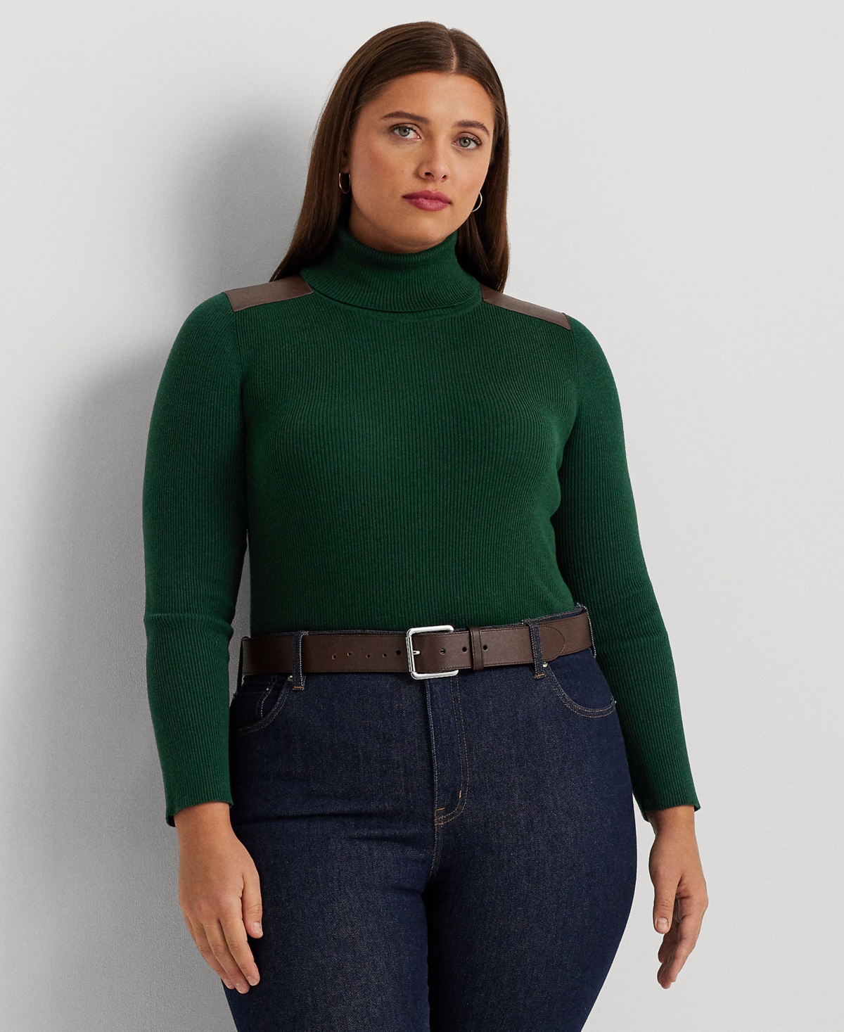 Lauren Ralph Lauren Plus Size Ribbed Elbow-Patch Turtleneck – Season Green, 1X