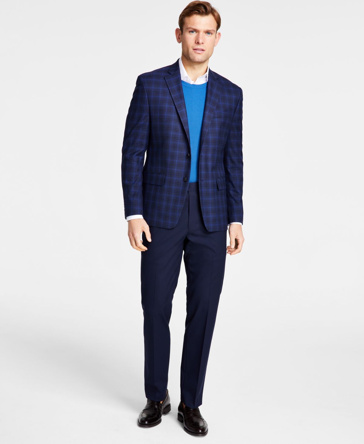 Michael Kors Men’s Classic Fit Notch Lapel Plaid Sport Coat, Navy/Blue, 38R
