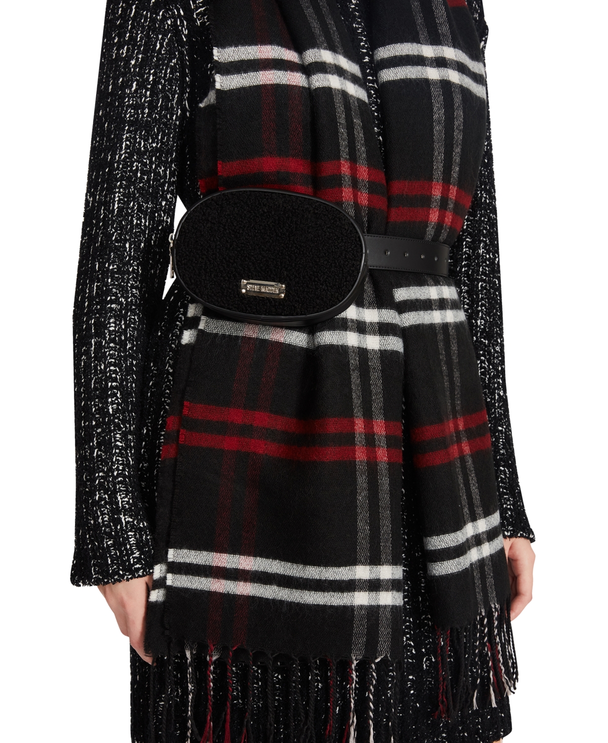 Steve Madden Women’s Faux-Shearling Oval Belt Bag, Black, Small