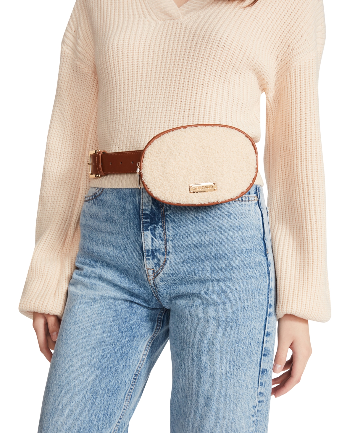 Steve Madden Women’s Faux-Shearling Oval Belt Bag – Cognac, Medium