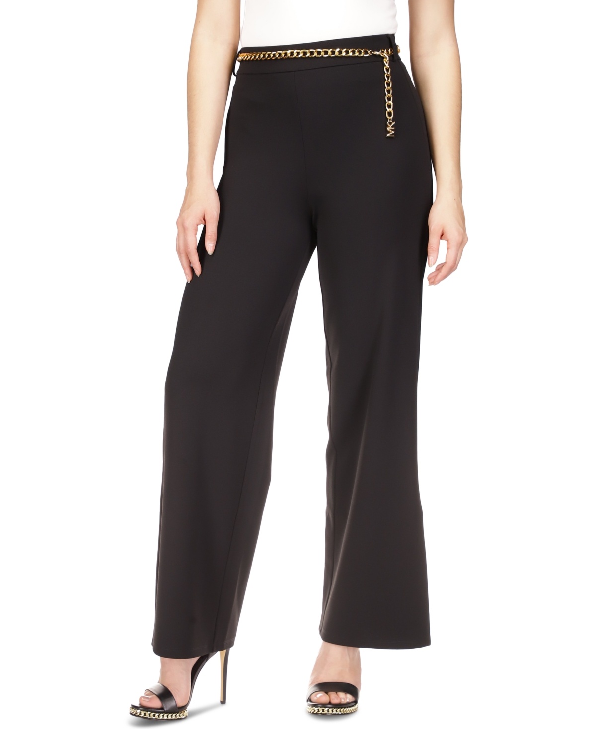 Michael Kors Petite Chain-Belt High-Rise Slit-Cuff Pants – Black, Large