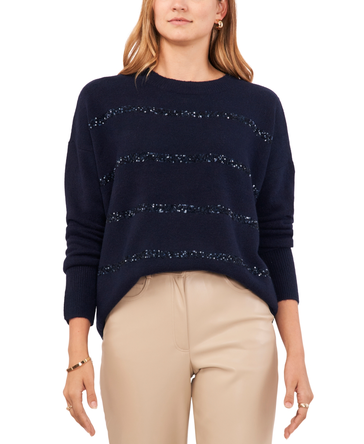 Vince Camuto Women’s Crewneck Sequin Stripe Long Sleeve Sweater – Classic Nav...