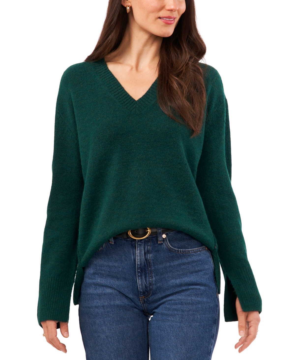 Vince Camuto Women’s V-Neck Ribbed-Edge Sweater, Green, Large