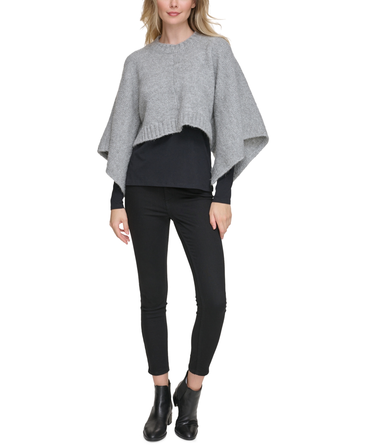 Calvin Klein Women’s Knit Boucle Cropped Poncho Sweater – Heather Mid Gray