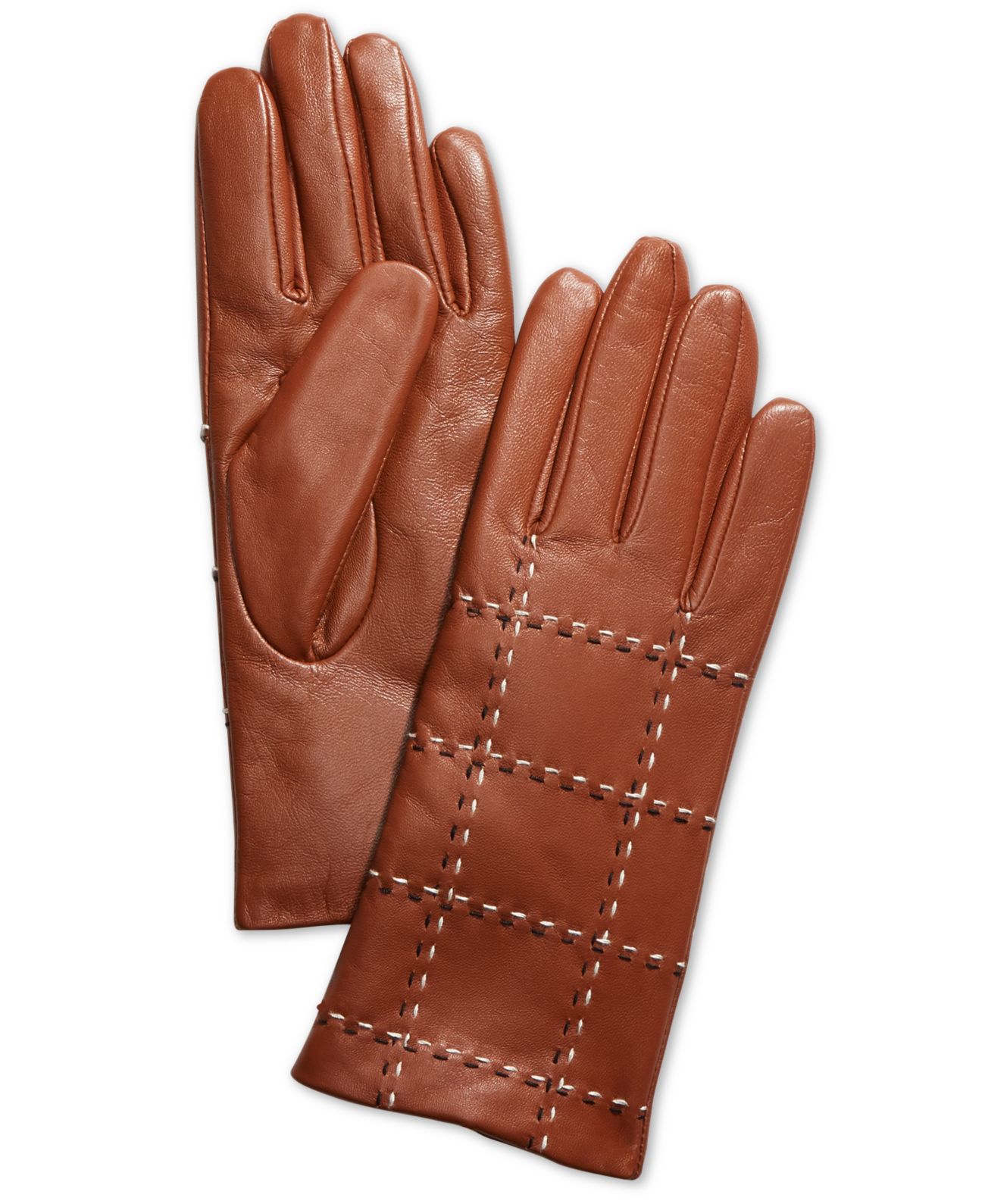 Charter Club Plaid Topstitch Leather Gloves, Sandle, Small