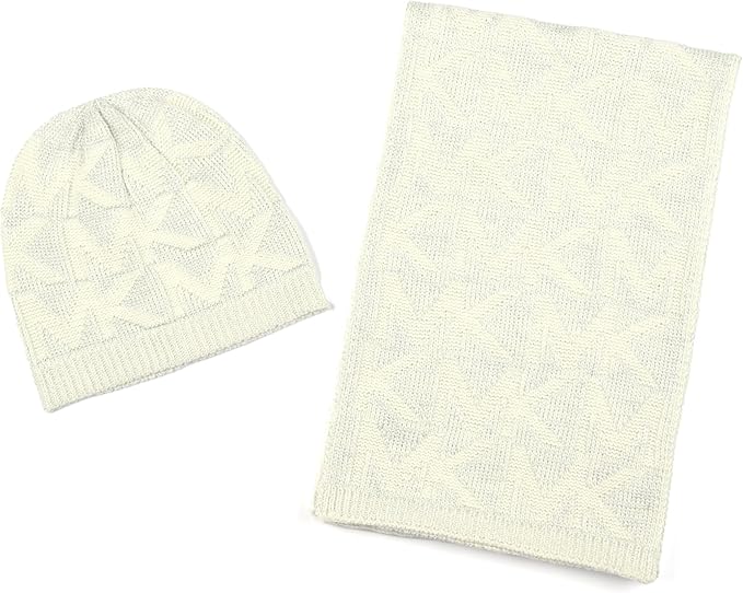 Michael Kors Women’s Debossed Knit Metallic Beanie & Scarf Set – Cream