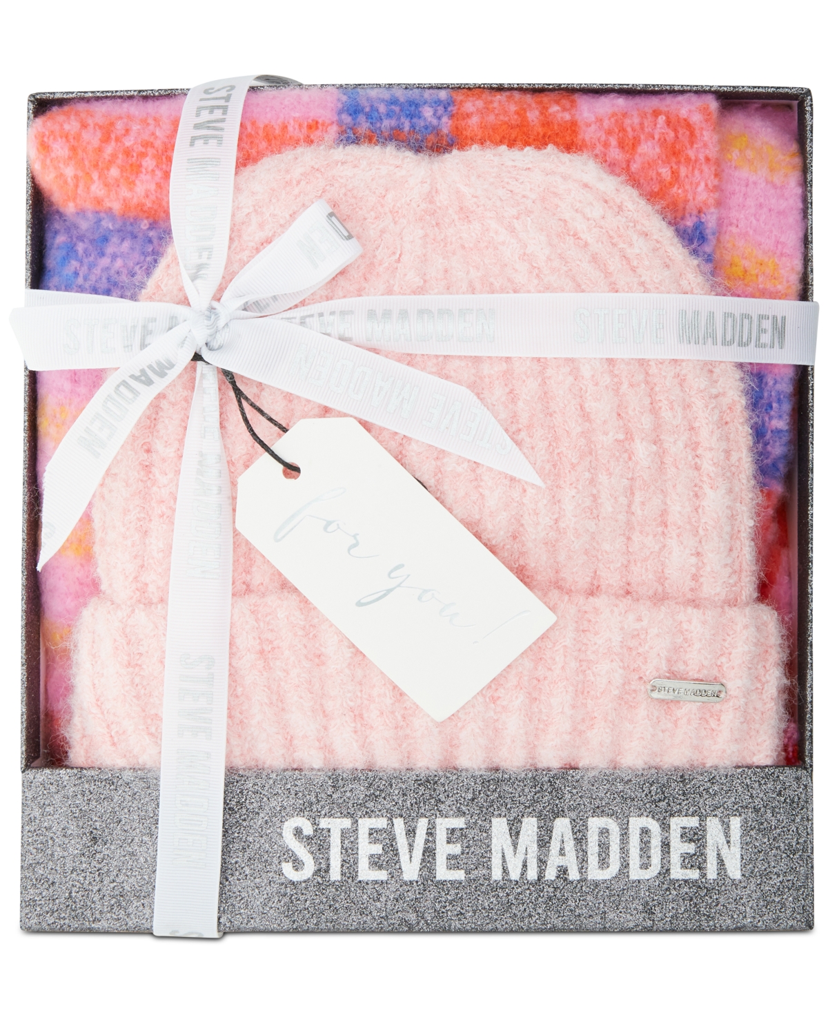 Steve Madden Women’s Brushed Plaid Scarf & Beanie Boxed Gift Set – Pink
