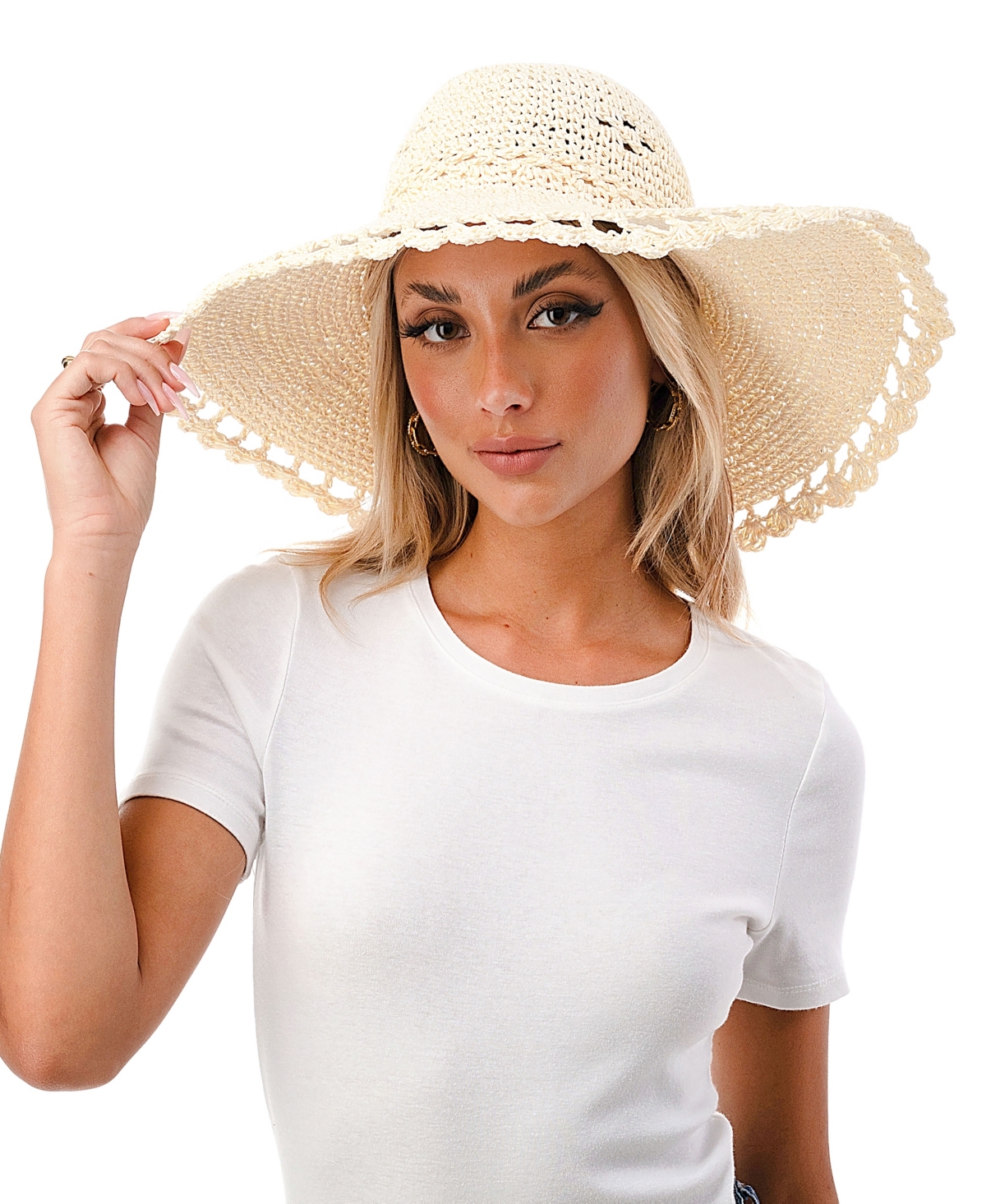 Marcus Adler Women’s Scalloped Floppy-Brimmed Straw Sun Hat – Ivory