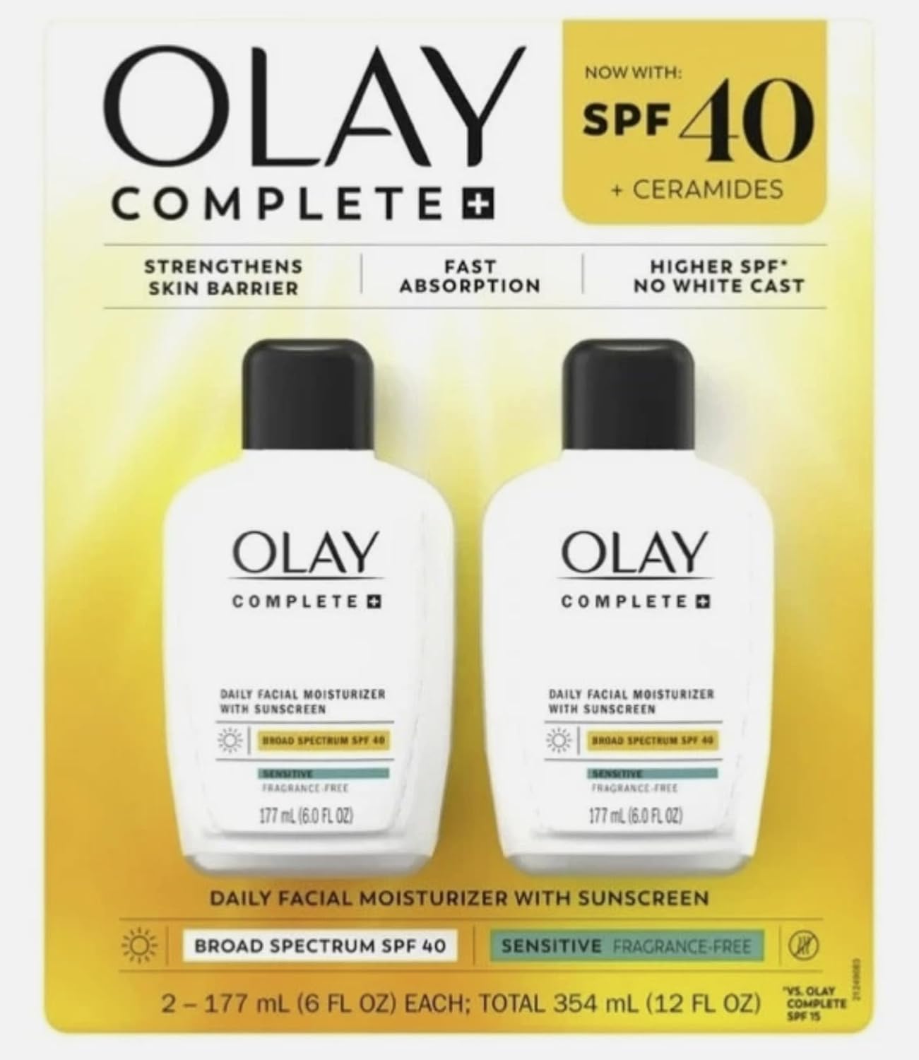 Olay Complete+ Moisturizer with SPF 40 Sensitive, 6 Fluid Ounce (Pack of 2)