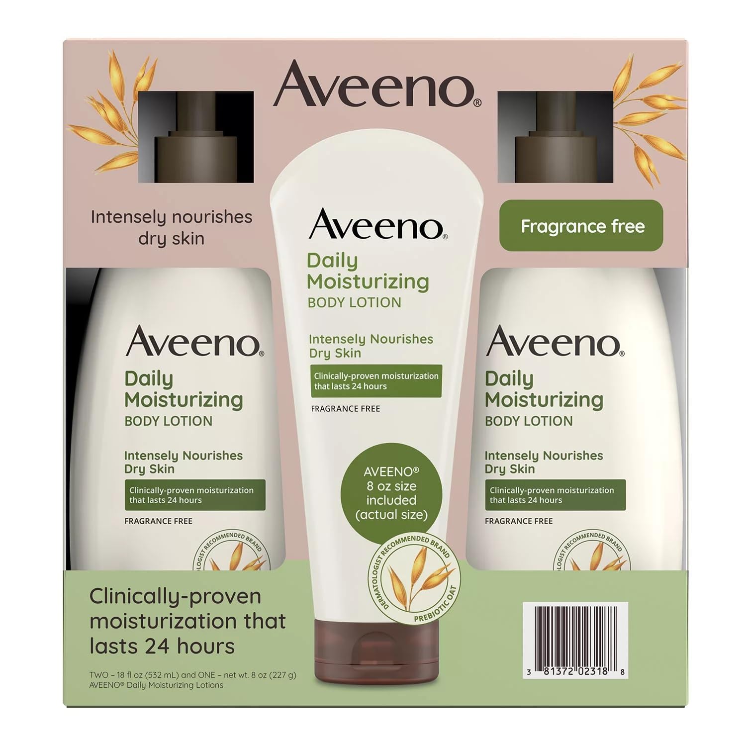 Aveeno Daily Moisturizing Body Lotion 18 Fluid Ounce (Pack of 2) + 8 Ounce Tube